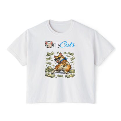 Only Cats Money Cat Boxy Tee — Cute Cat Throwing Cash Graphic Shirt