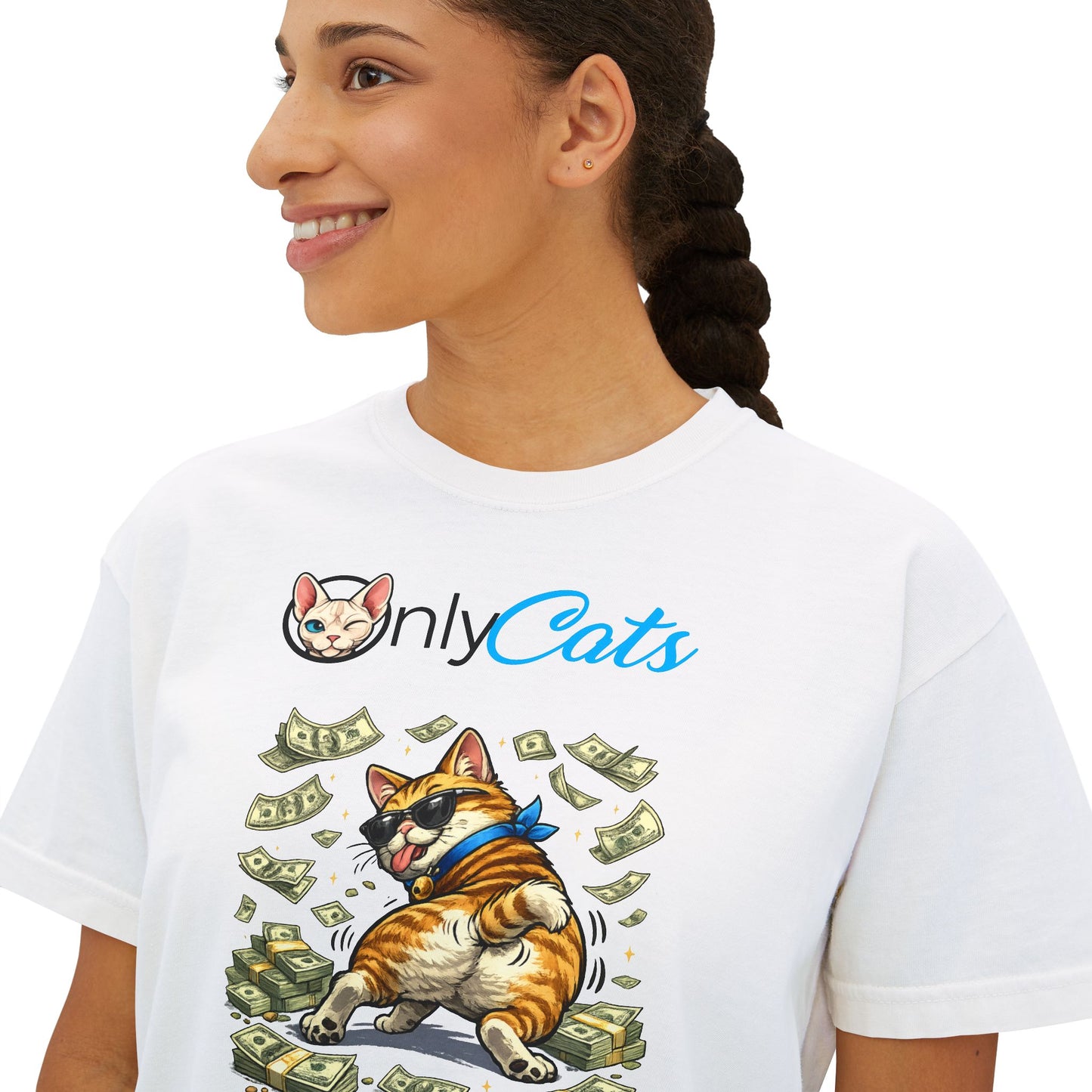 Only Cats Money Cat Boxy Tee — Cute Cat Throwing Cash Graphic Shirt