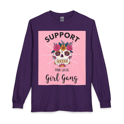 Support Your Local Girl Gang Long Sleeve Tee — Floral Sugar Skull Graphic