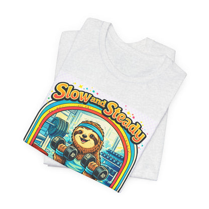 Slow and Steady Sloth T-Shirt — "Hey I’m here!" Retro Gym Graphic Tee