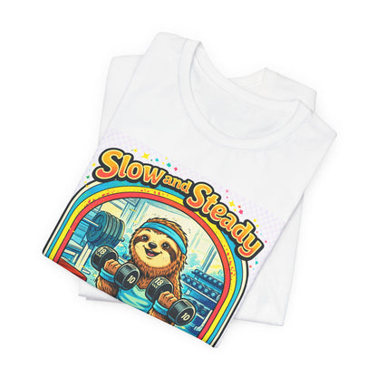 Slow and Steady Sloth T-Shirt — "Hey I’m here!" Retro Gym Graphic Tee