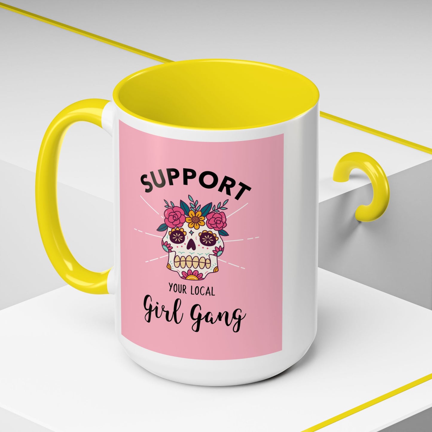 Support Your Local Girl Gang Accent Coffee Mug — Pink Skull Floral Design (11oz & 15oz)