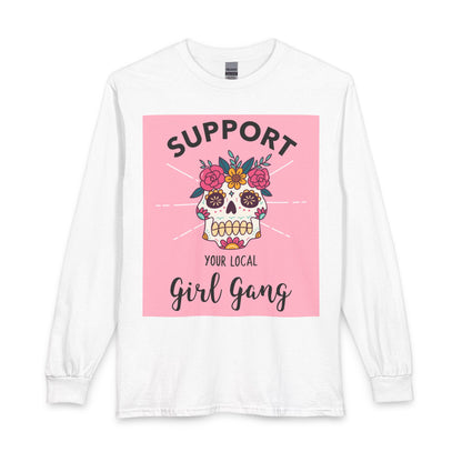 Support Your Local Girl Gang Long Sleeve Tee — Floral Sugar Skull Graphic