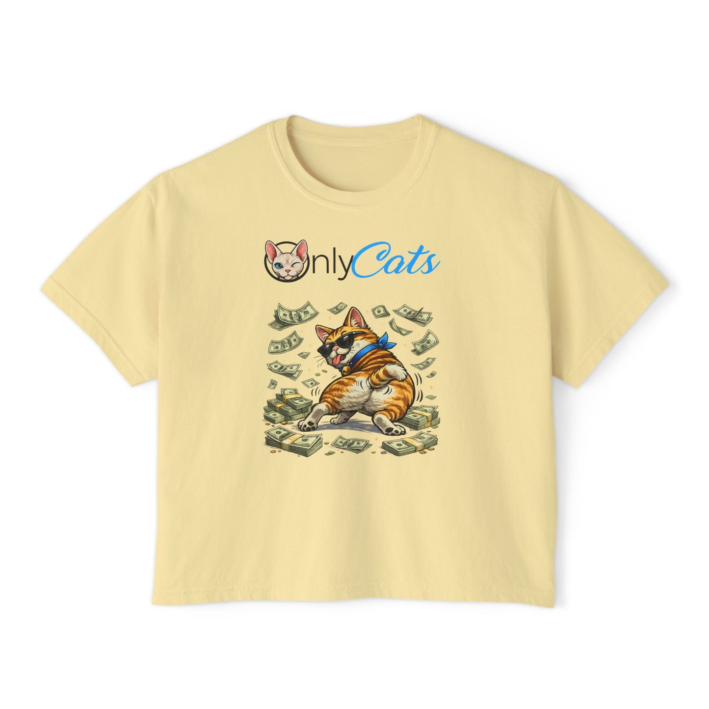 Only Cats Money Cat Boxy Tee — Cute Cat Throwing Cash Graphic Shirt