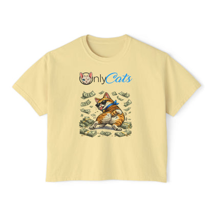 Only Cats Money Cat Boxy Tee — Cute Cat Throwing Cash Graphic Shirt