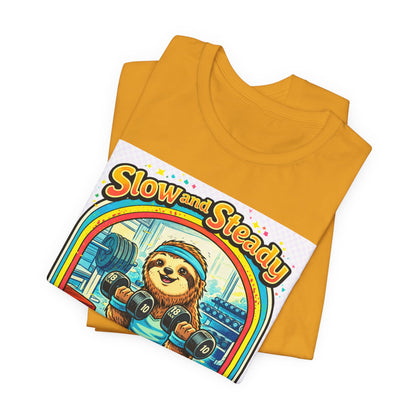 Slow and Steady Sloth T-Shirt — "Hey I’m here!" Retro Gym Graphic Tee