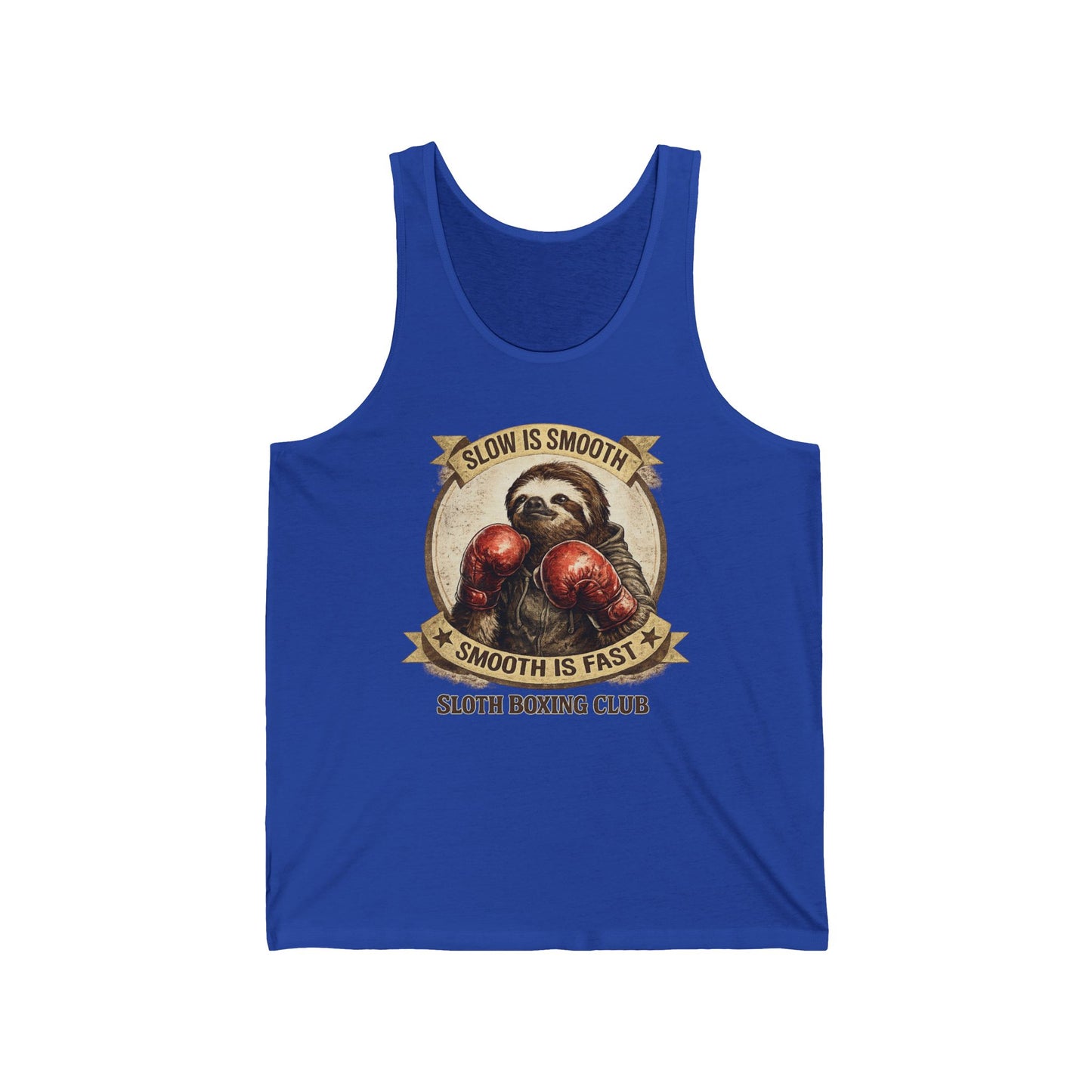 Sloth Boxing Club Tank Top — “Slow is Smooth, Smooth is Fast” Vintage Boxing Graphic