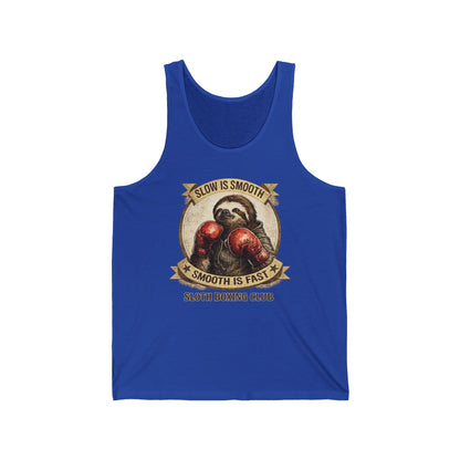 Sloth Boxing Club Tank Top — “Slow is Smooth, Smooth is Fast” Vintage Boxing Graphic