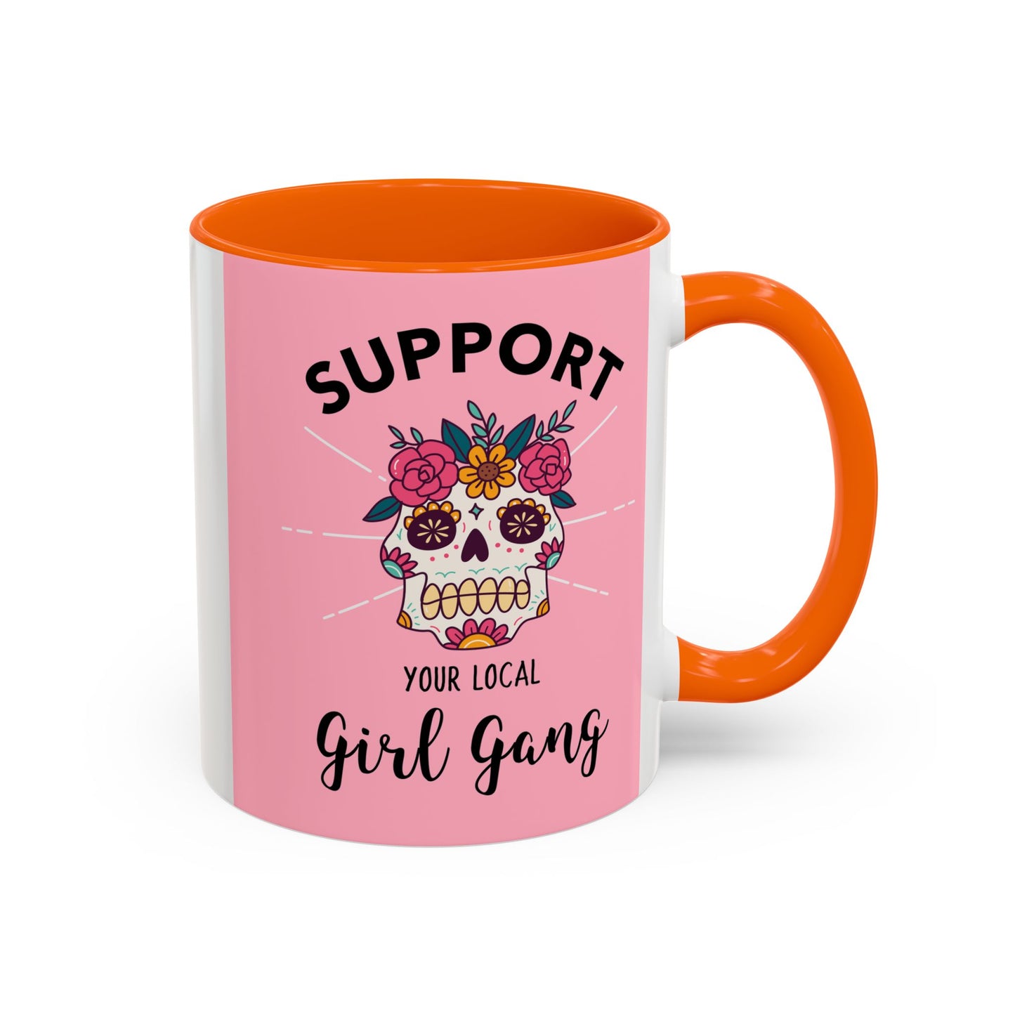 Support Your Local Girl Gang Accent Coffee Mug — Pink Skull Floral Design (11oz & 15oz)
