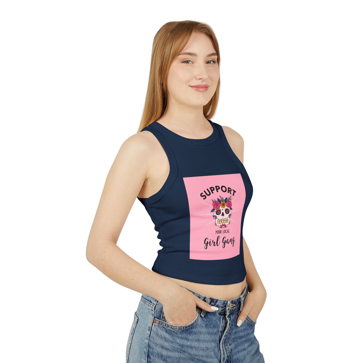 Support Your Local Girl Gang Crop Tank — Women's Rib Racer Tank with Sugar Skull Graphic