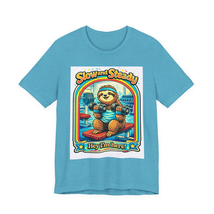 Slow and Steady Sloth T-Shirt — "Hey I’m here!" Retro Gym Graphic Tee
