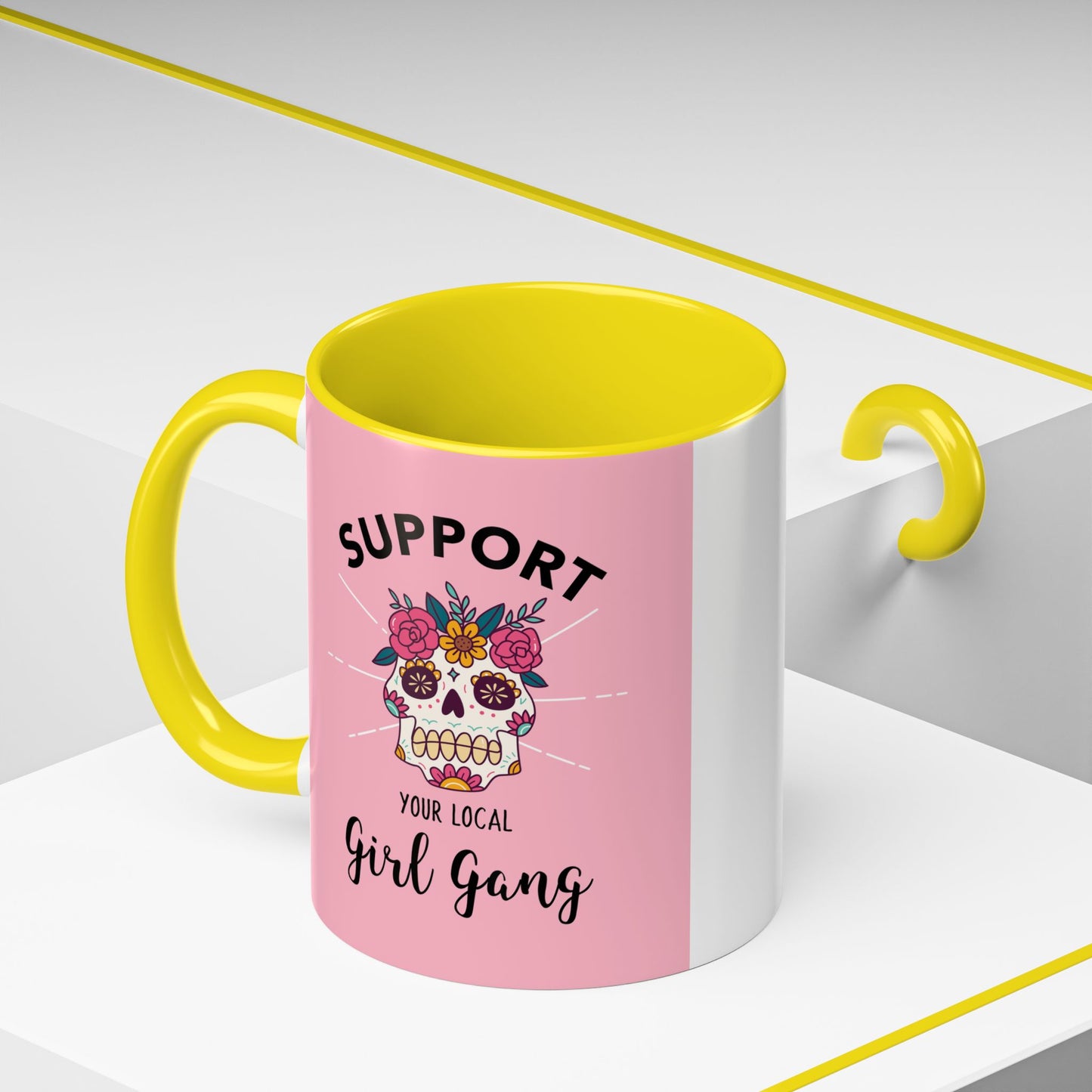 Support Your Local Girl Gang Accent Coffee Mug — Pink Skull Floral Design (11oz & 15oz)