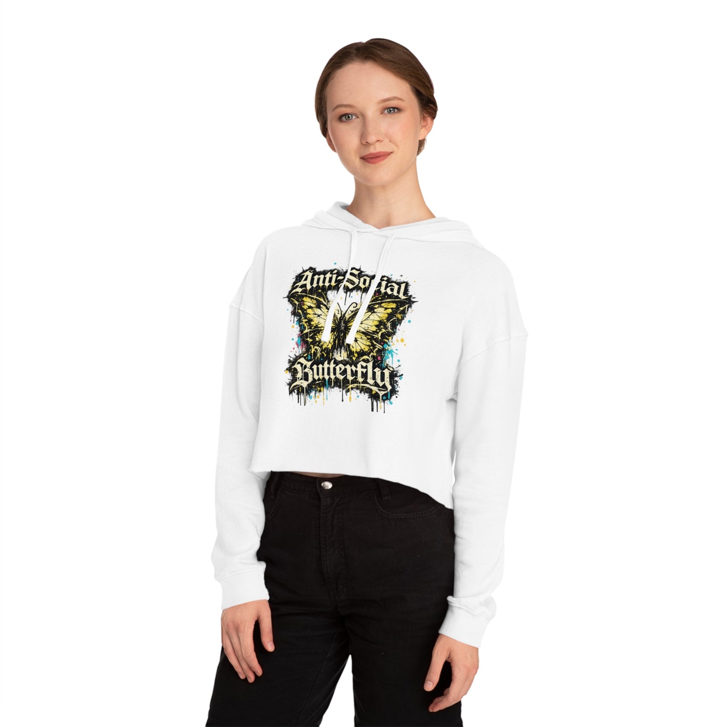 Anti-Social Butterfly Cropped Hoodie — Women's Graphic Sweatshirt