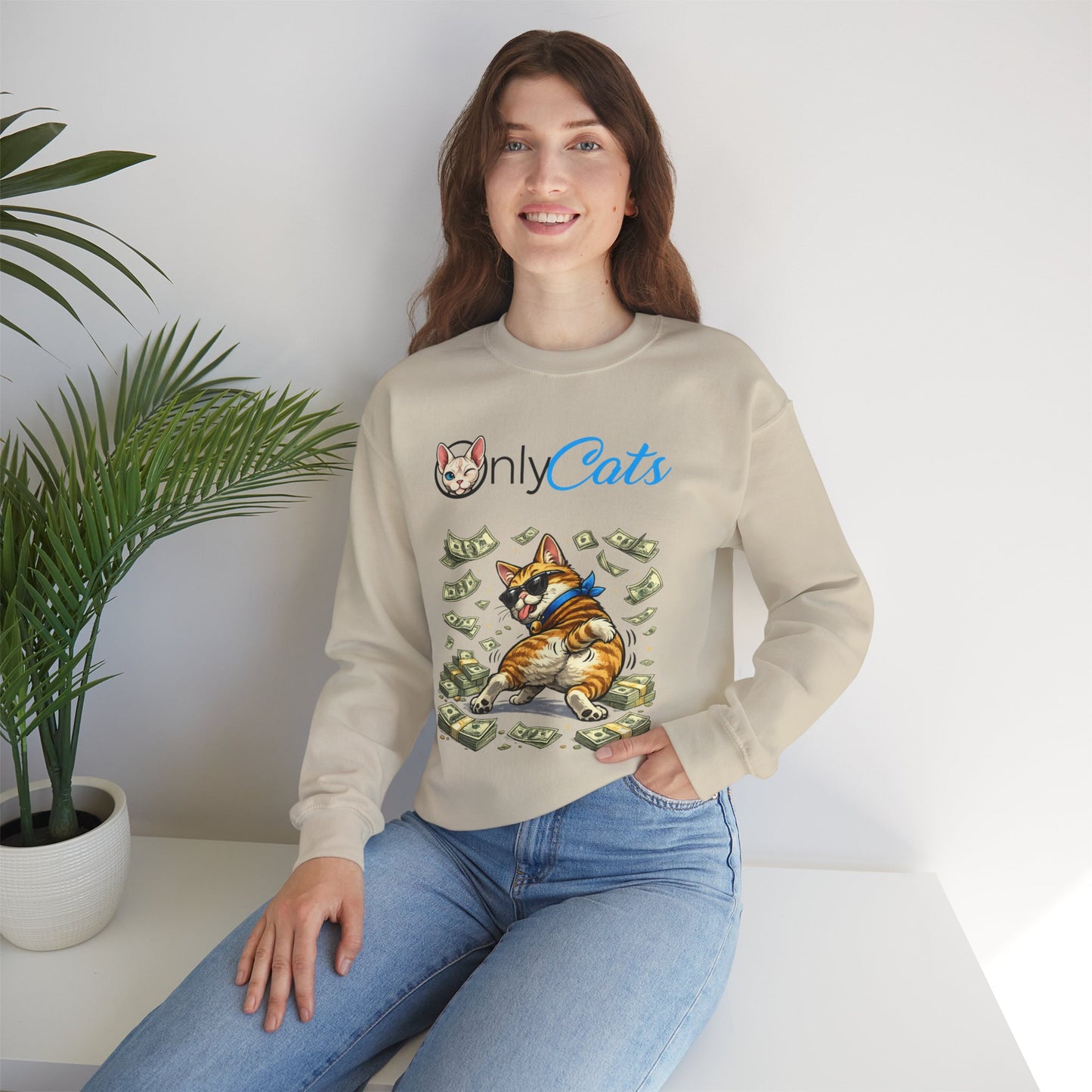 Crewneck Sweatshirt — "Only Cats" Money-Throwing Cat Graphic