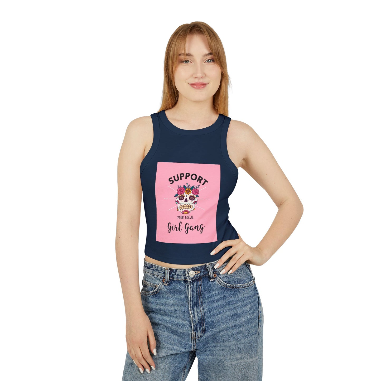 Support Your Local Girl Gang Crop Tank — Women's Rib Racer Tank with Sugar Skull Graphic