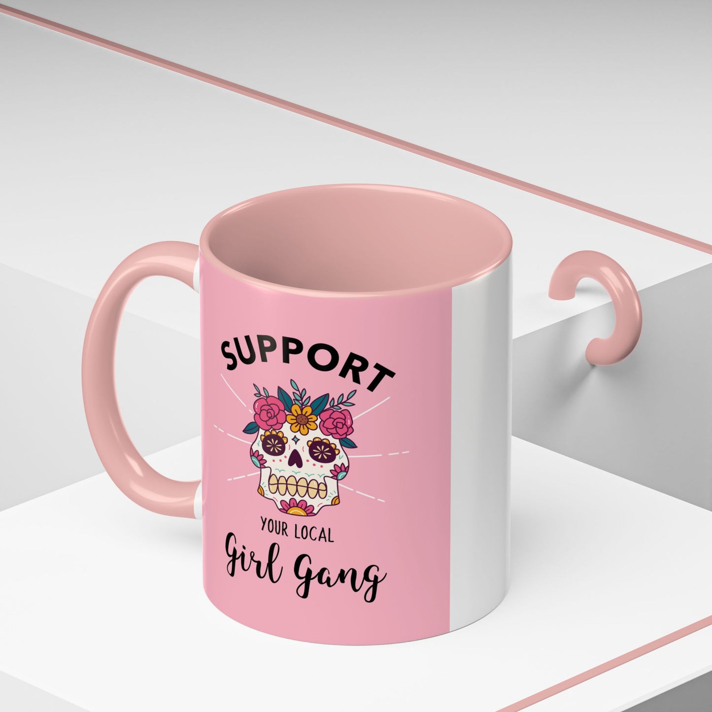 Support Your Local Girl Gang Accent Coffee Mug — Pink Skull Floral Design (11oz & 15oz)