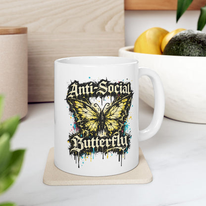 Butterfly Anti-Social Ceramic Mug — Gothic Floral Coffee Cup, "Anti-Social"
