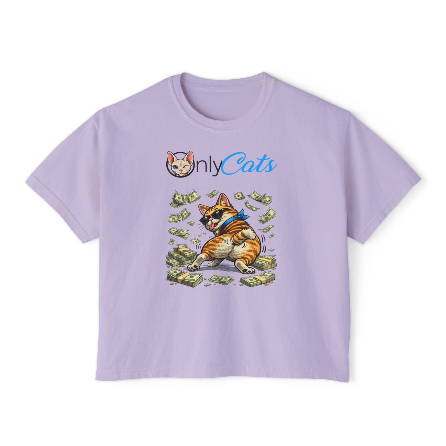 Only Cats Money Cat Boxy Tee — Cute Cat Throwing Cash Graphic Shirt