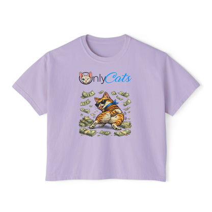 Only Cats Money Cat Boxy Tee — Cute Cat Throwing Cash Graphic Shirt