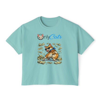 Only Cats Money Cat Boxy Tee — Cute Cat Throwing Cash Graphic Shirt