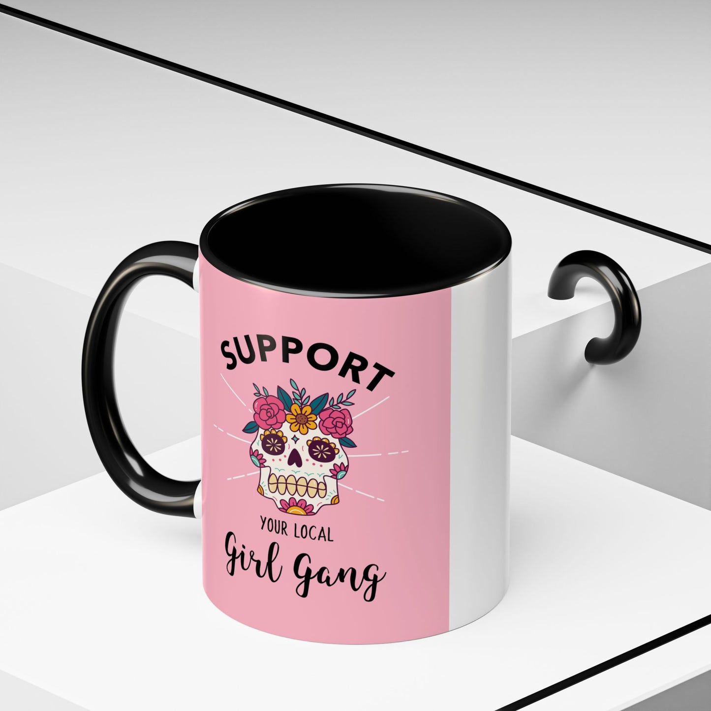 Support Your Local Girl Gang Accent Coffee Mug — Pink Skull Floral Design (11oz & 15oz)