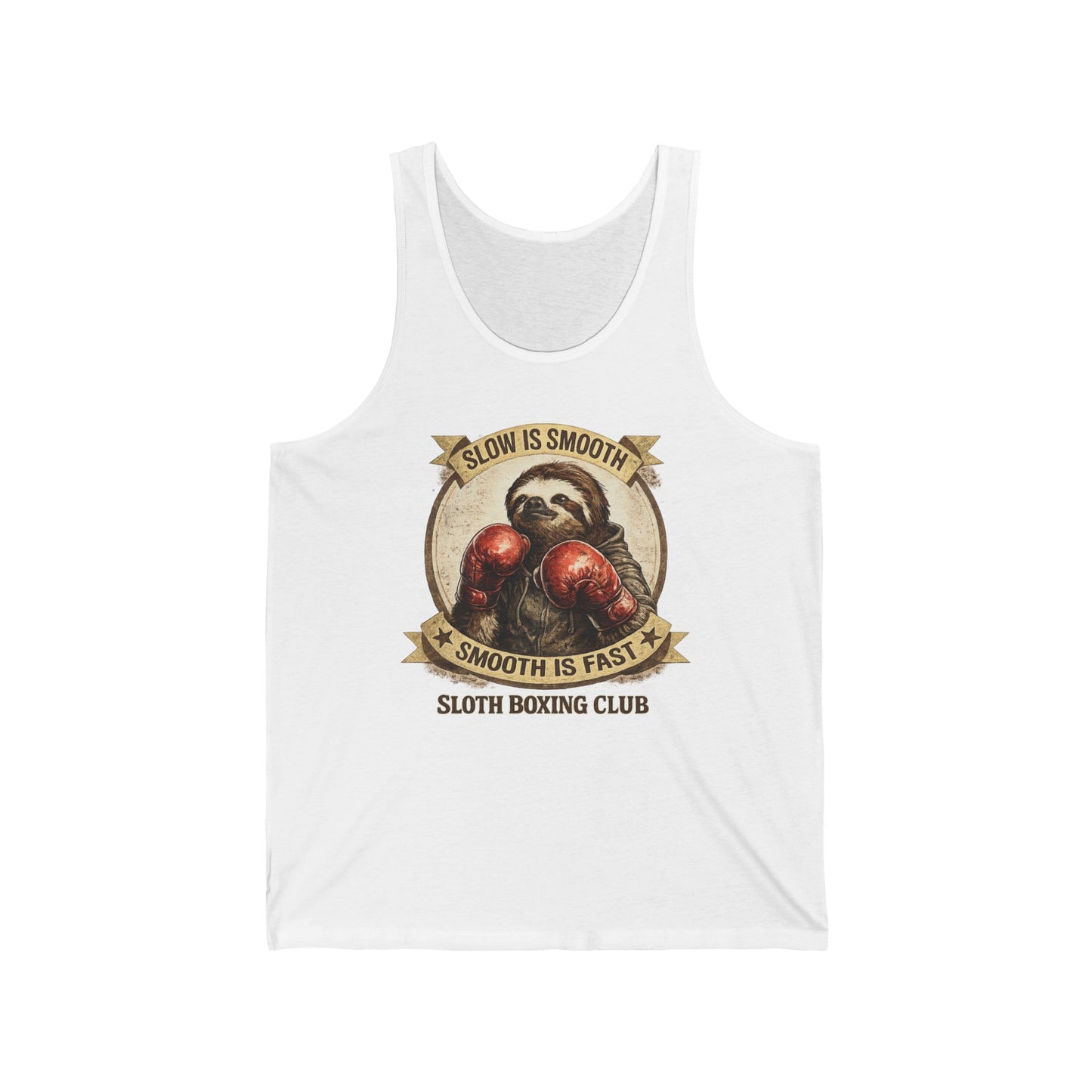 Sloth Boxing Club Tank Top — “Slow is Smooth, Smooth is Fast” Vintage Boxing Graphic