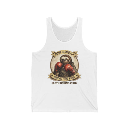 Sloth Boxing Club Tank Top — “Slow is Smooth, Smooth is Fast” Vintage Boxing Graphic