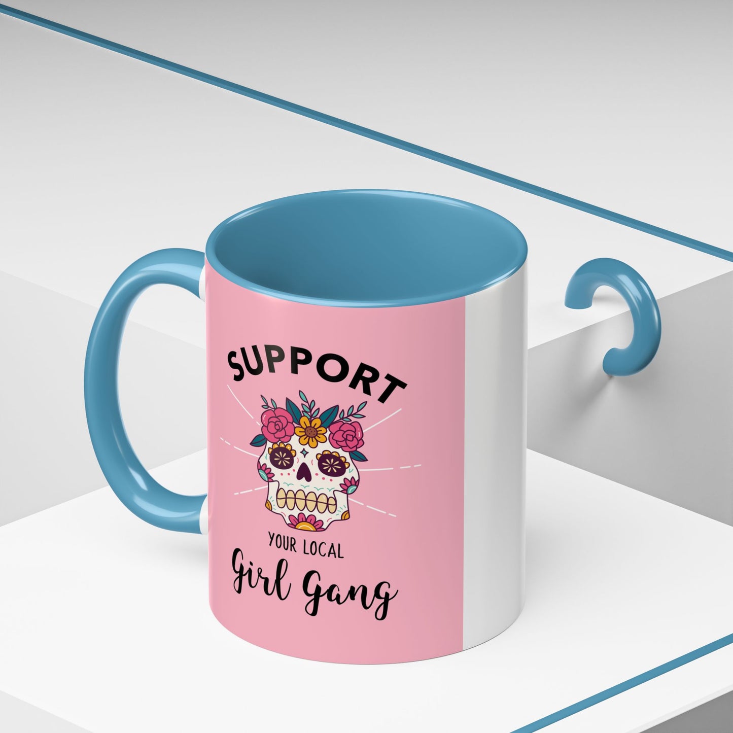 Support Your Local Girl Gang Accent Coffee Mug — Pink Skull Floral Design (11oz & 15oz)