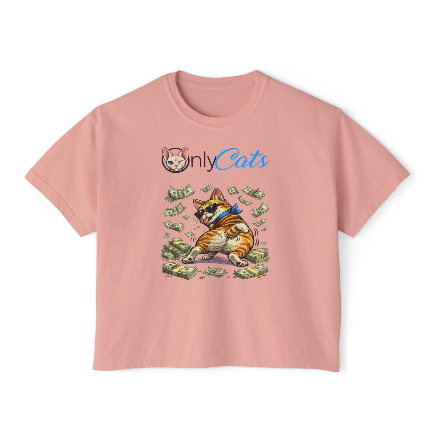Only Cats Money Cat Boxy Tee — Cute Cat Throwing Cash Graphic Shirt