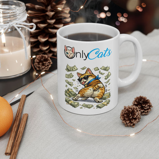 Only Cats Ceramic Mug — Cute Cat Sitting on Cash Coffee Cup (11oz & 15oz)