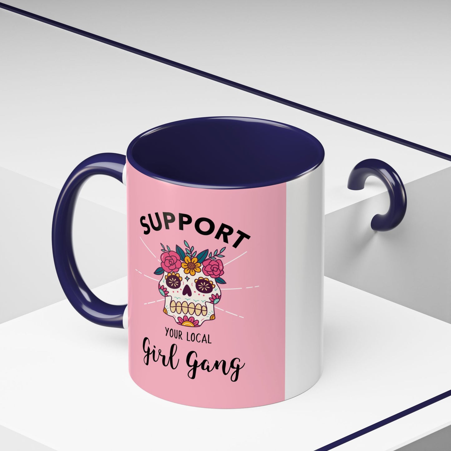 Support Your Local Girl Gang Accent Coffee Mug — Pink Skull Floral Design (11oz & 15oz)