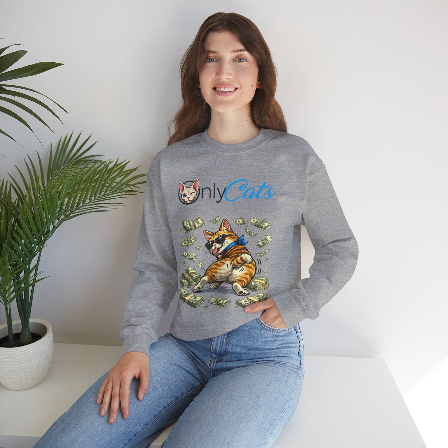 Crewneck Sweatshirt — "Only Cats" Money-Throwing Cat Graphic