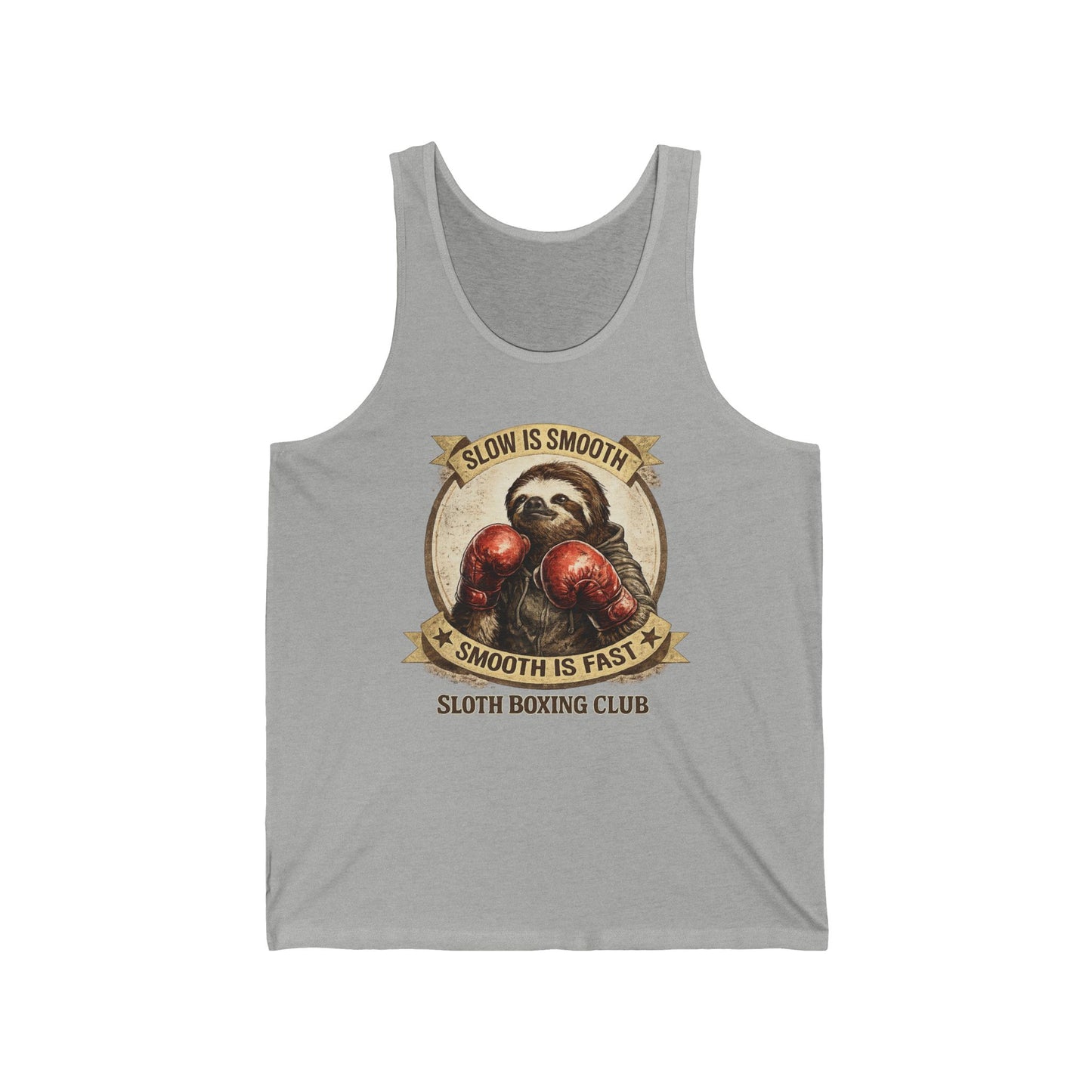 Sloth Boxing Club Tank Top — “Slow is Smooth, Smooth is Fast” Vintage Boxing Graphic