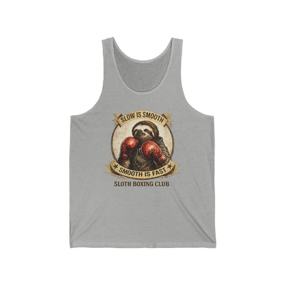 Sloth Boxing Club Tank Top — “Slow is Smooth, Smooth is Fast” Vintage Boxing Graphic
