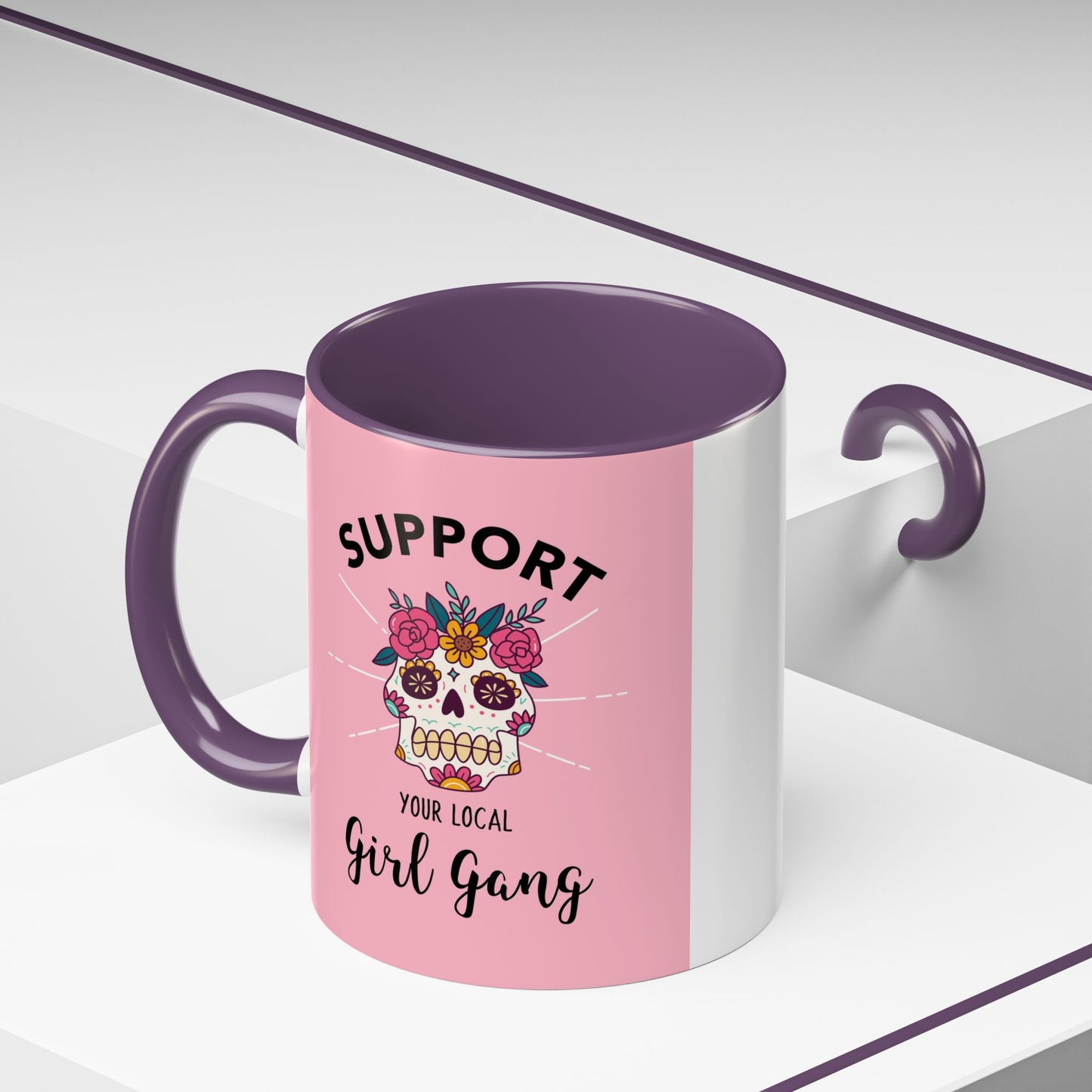 Support Your Local Girl Gang Accent Coffee Mug — Pink Skull Floral Design (11oz & 15oz)