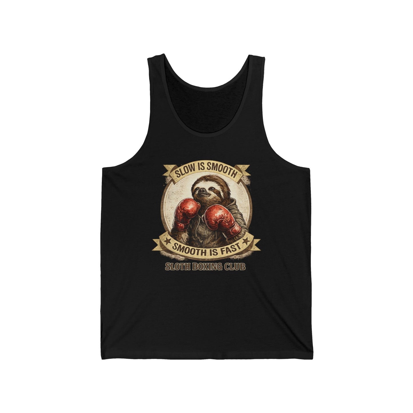 Sloth Boxing Club Tank Top — “Slow is Smooth, Smooth is Fast” Vintage Boxing Graphic