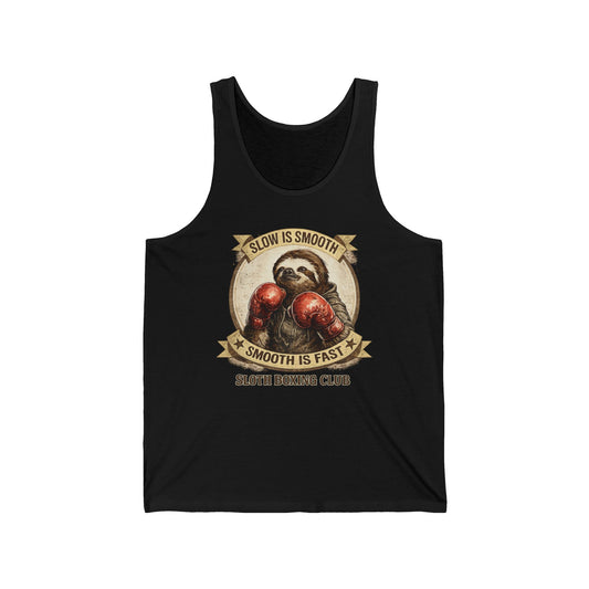 Sloth Boxing Club Tank Top — “Slow is Smooth, Smooth is Fast” Vintage Boxing Graphic