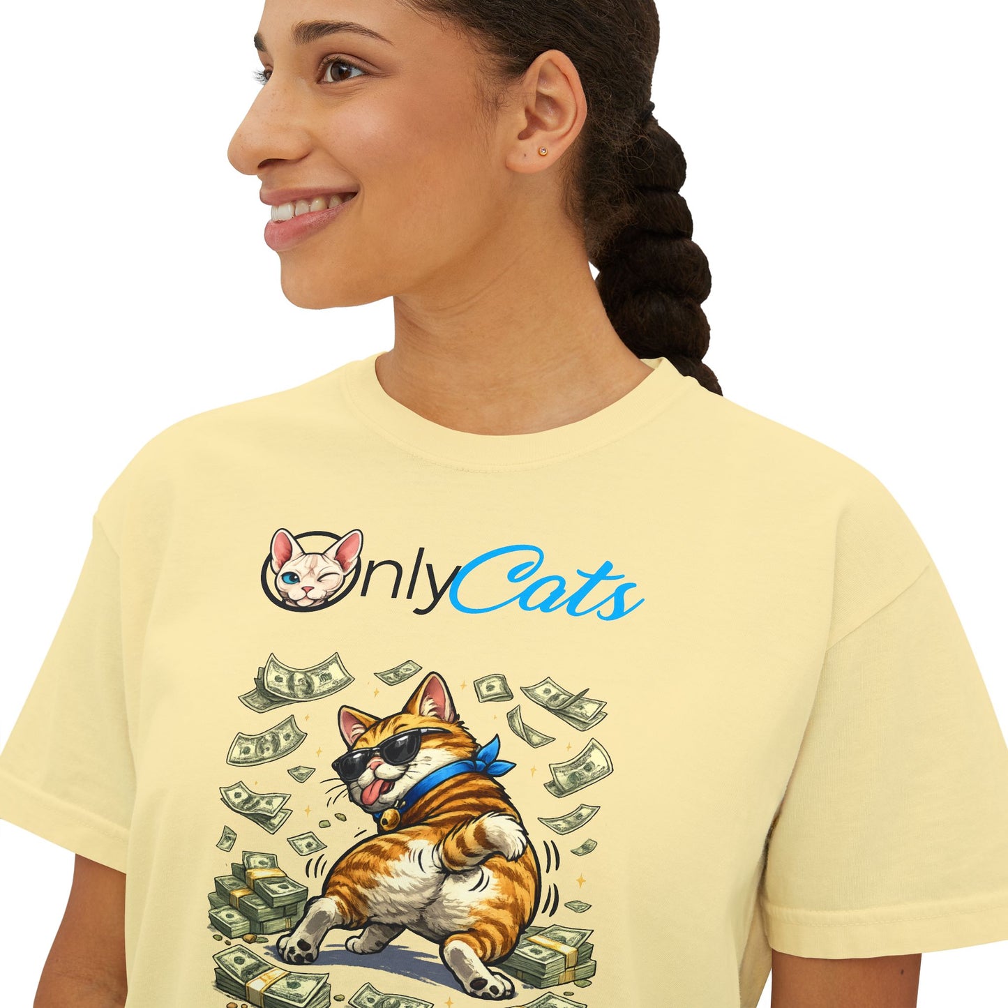 Only Cats Money Cat Boxy Tee — Cute Cat Throwing Cash Graphic Shirt