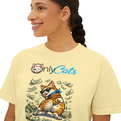 Only Cats Money Cat Boxy Tee — Cute Cat Throwing Cash Graphic Shirt