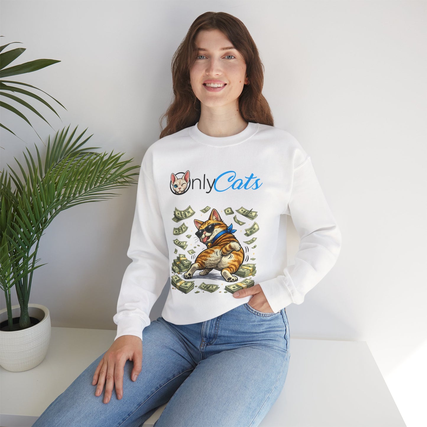 Crewneck Sweatshirt — "Only Cats" Money-Throwing Cat Graphic