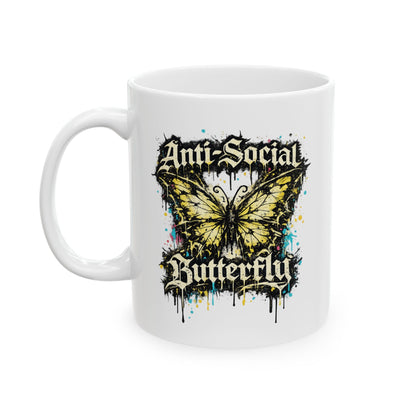 Butterfly Anti-Social Ceramic Mug — Gothic Floral Coffee Cup, "Anti-Social"