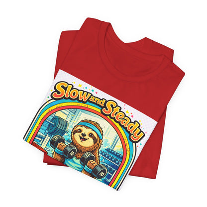 Slow and Steady Sloth T-Shirt — "Hey I’m here!" Retro Gym Graphic Tee