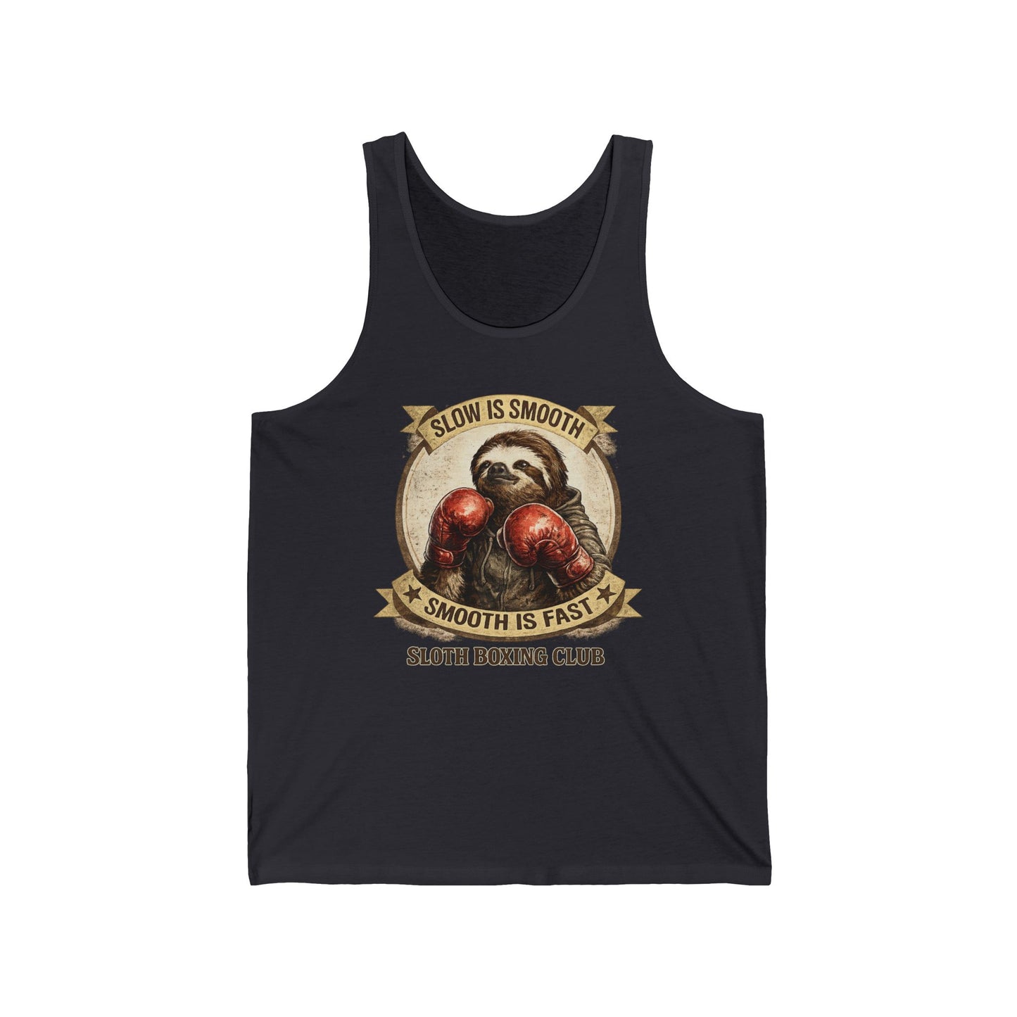 Sloth Boxing Club Tank Top — “Slow is Smooth, Smooth is Fast” Vintage Boxing Graphic
