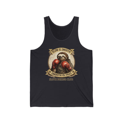Sloth Boxing Club Tank Top — “Slow is Smooth, Smooth is Fast” Vintage Boxing Graphic