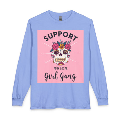 Support Your Local Girl Gang Long Sleeve Tee — Floral Sugar Skull Graphic