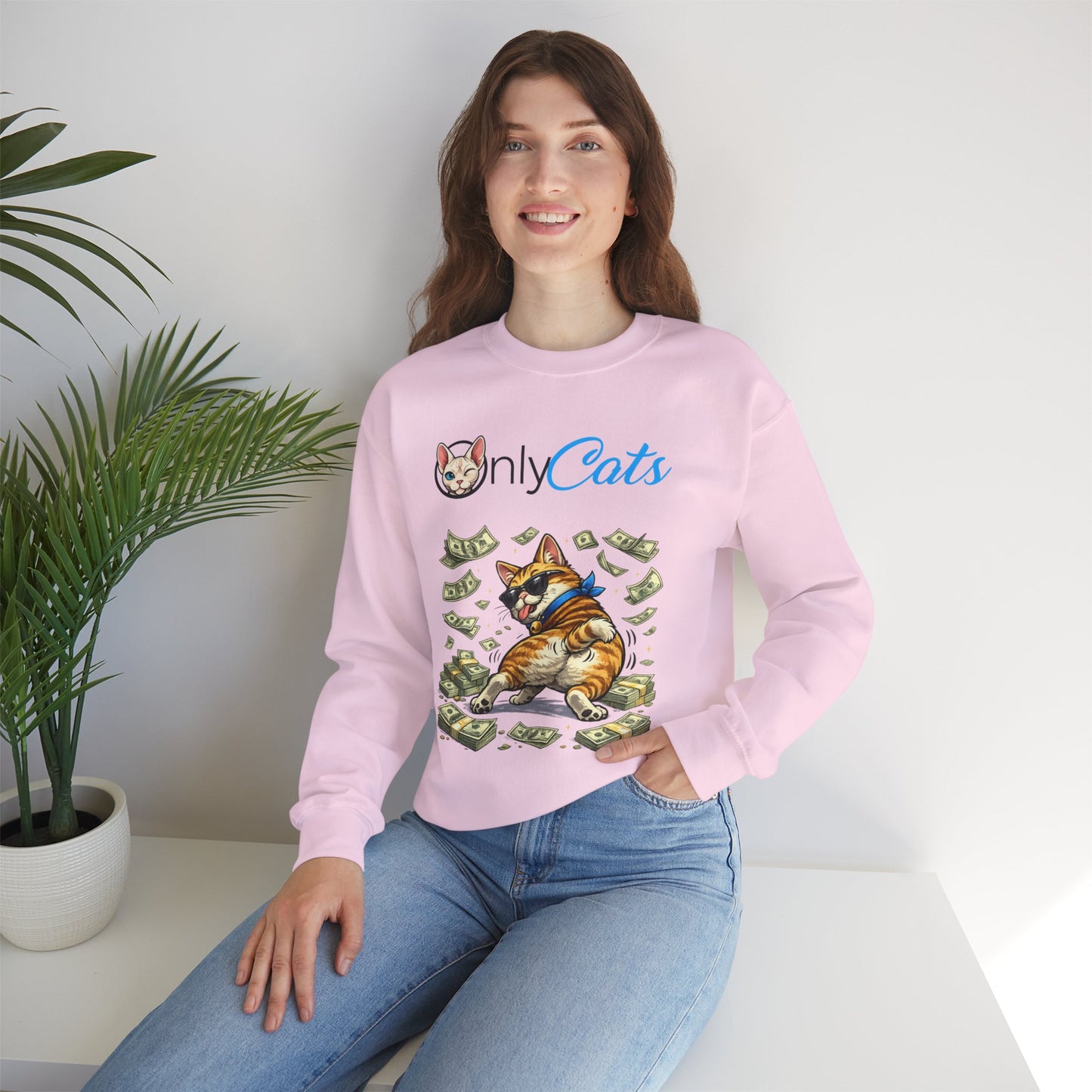 Crewneck Sweatshirt — "Only Cats" Money-Throwing Cat Graphic